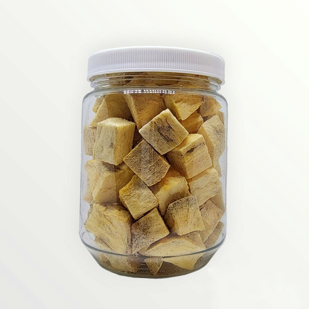 This is a jar of freeze dried persimmon that has been cut into cubes for easy snacking